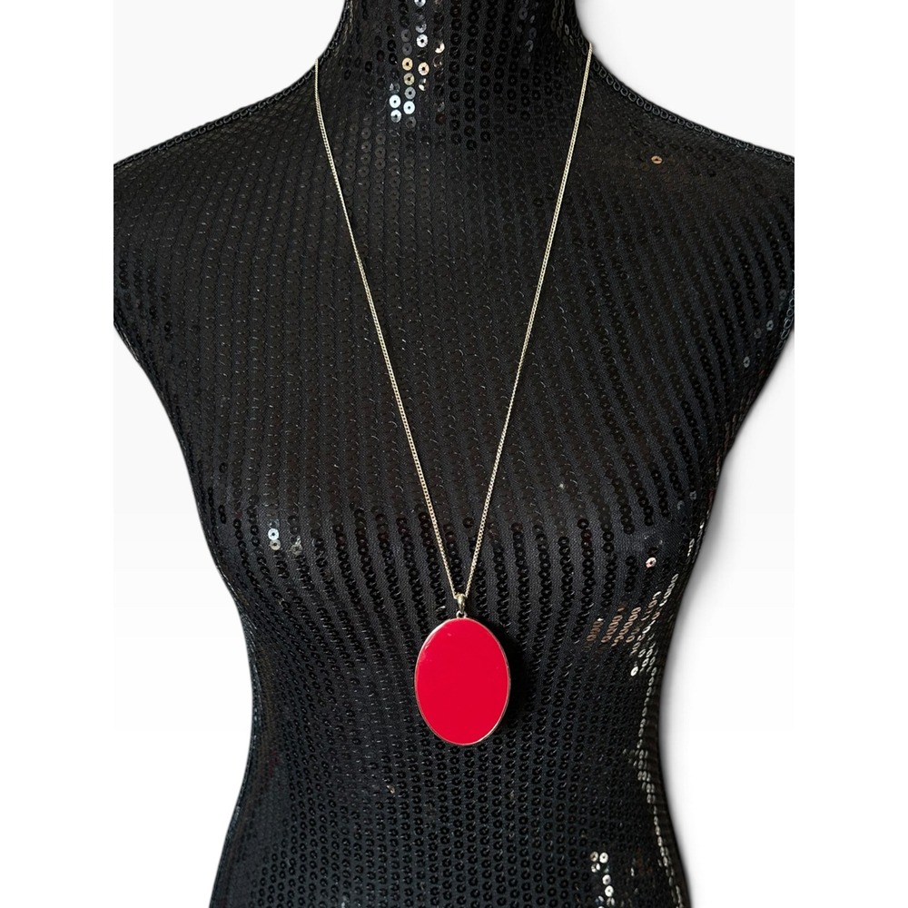 Pendant Necklace 30"  Cranberry Red Enamel Oval Gold Tone Long Chain
